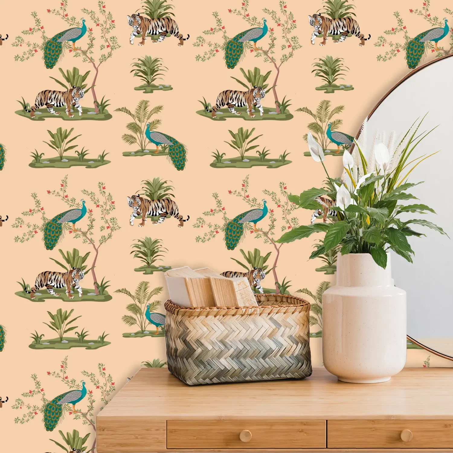 Tiger Wallpaper, Peacock Wallpaper, Jungle Wallpaper, Animals Mural, Vintage Wallpaper, Tropical Wallpaper