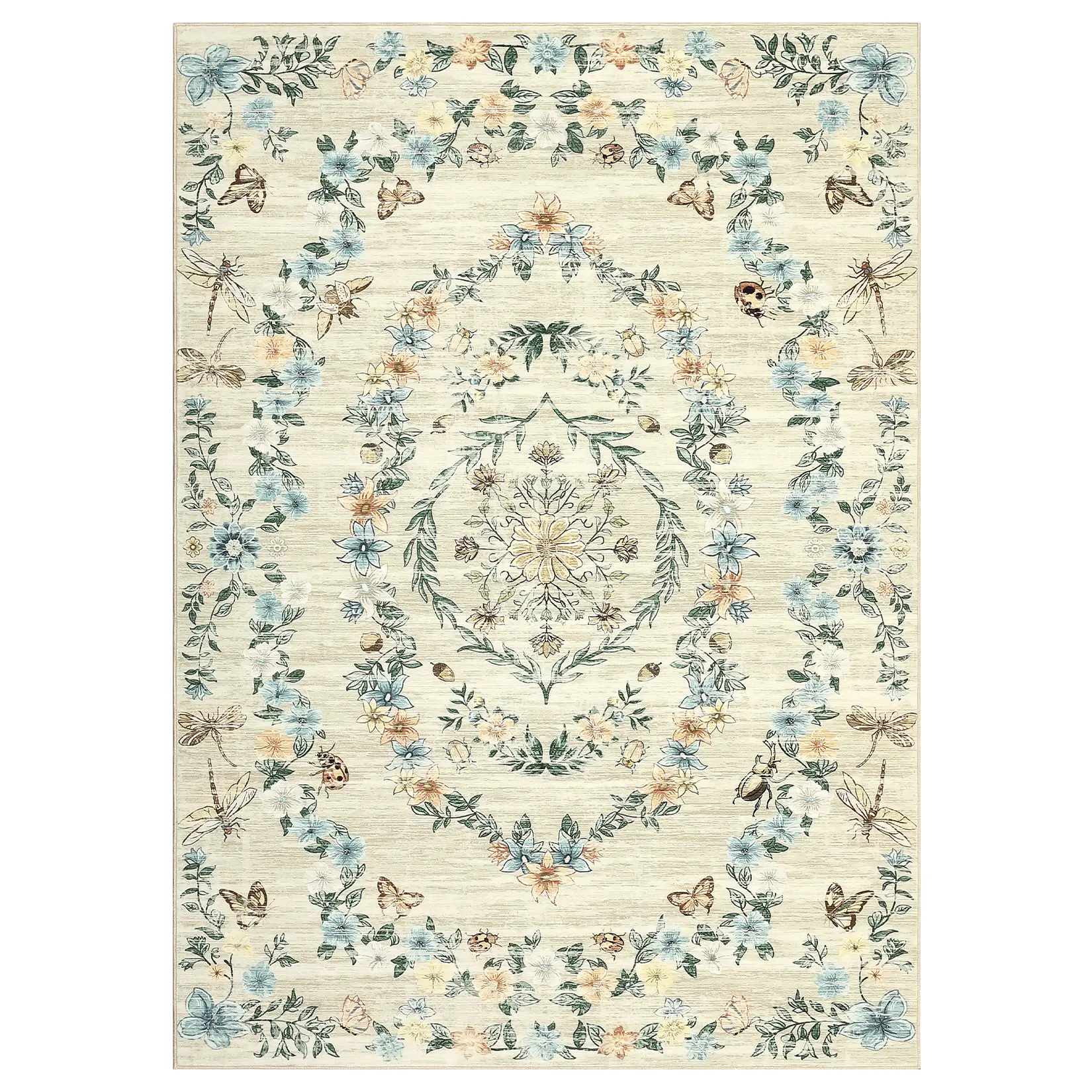 Beige Area Rug (5x7 ft) - Polyester Rectangular Boho Floral Modern, Foldable Washable, Boho Runner, Floral Print, Modern Bohemian, Aesthetic, Ideal for Hallway, Bathroom Entryway, Boho Runner Rug, Floral Print Rug