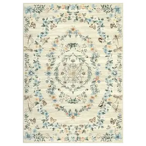 8 x 10 ft Polyester Beige Rectangular Hallway Bathroom Entryway Kitchen Office Foldable Flower Printed Washable Area Rug