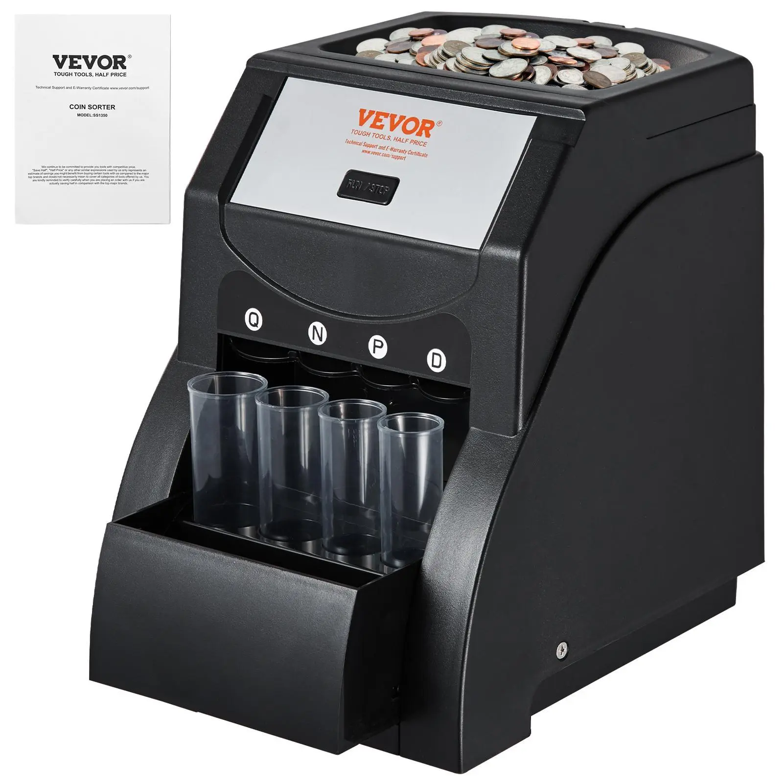 【Fallpicks】VEVOR USD High-Speed Auto Sorting Machine, Cash Registers Compatible, 230 Coins/min, 200-Coin Capacity, 4 Tubes, Simple Interface, Efficient Sorting for 1c 5c 10c 25c, Black, VEVOR Super Brand Day