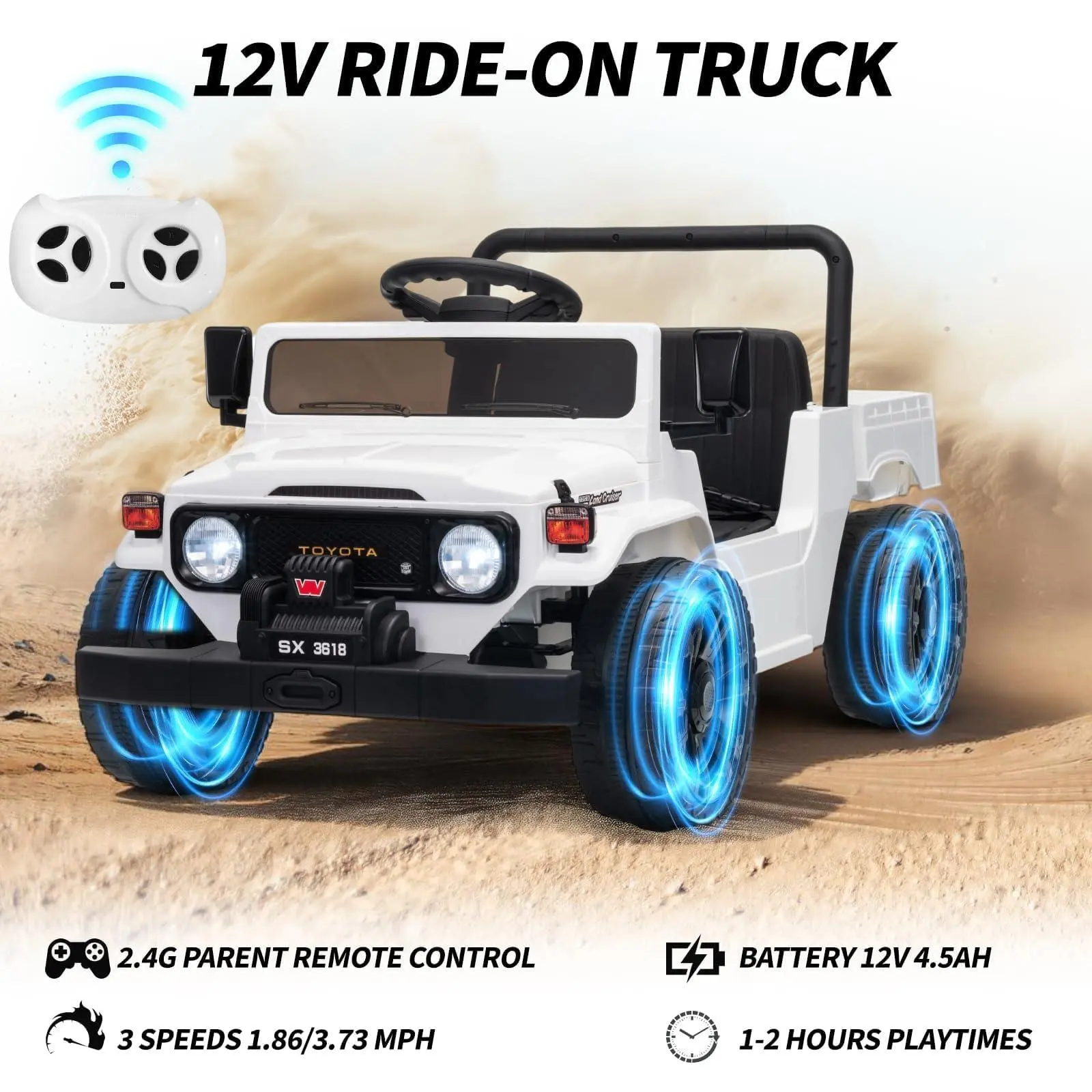 Licensed Toyota 12V 4WD Kids Ride-On Pickup Truck – Battery Powered Electric Car, Remote Control, Wireless Music, LED Lights, Suspension, Soft Braking, Truck Bed Storage – for Toddlers & Big Kids –White