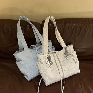 New Star-Shaped Rhinestone Canvas Tote Bag, Large Capacity Single-Shoulder Handbag for Commuting and Casual Use, Versatile Style for Women