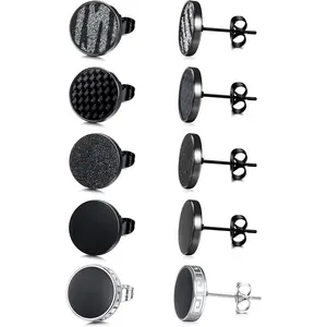 Jstyle 5Pairs Black Round Stud Earrings Set for Men Women 316L Surgical Stainless Steel Matte Black Ear Studs 6mm-12mm Daily