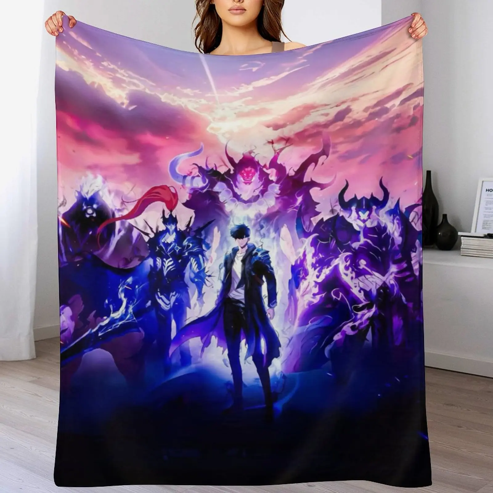 Anime Solo Leveling Printed Blanket - Cozy, Soft Fluffy, Comfy Flannel Throw Blanket with Shrink-Resistant Microfiber, Machine Washable, Fade-Proof for Teens' Room Decor, Cozy Throw Blanket, Printed Blankets