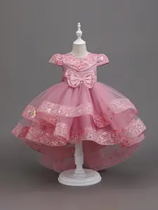 Girls' Wedding Dress, Child Runway Train Dress, Flower Girl Bridal Hostess Tutu Princess Dress, Elegant Kids Formal Wear, Floral Embroidery Dress