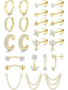 Versatile 24 Pcs Golden Shining Earrings Set Trendy Helix Piercings Surgical Steel Copper for Women Men Small Hoop Earrings with Chain Flat Back Stud Earrings Cartilage Conch Rook Tragus Piercing Earrings Studs Earrings