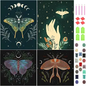 4 Sets Moth and Moon  Painting Moon Moth DIY 5D  Painting Kits Art with Accessories and Tools for Adults Beginners Craft Home Wall Decor, 4 Styles