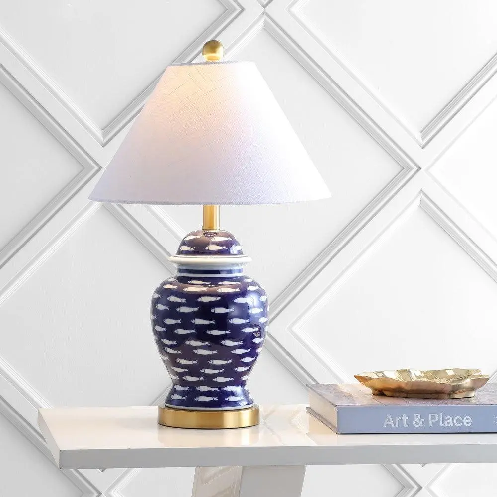 JONATHAN Y Coastal School of Fish Ginger Jar Ceramic-Metal LED Decorative Table Lamp with Silk Cord, for Bedroom, Living Room, Decorative Lamp, Led Lamp