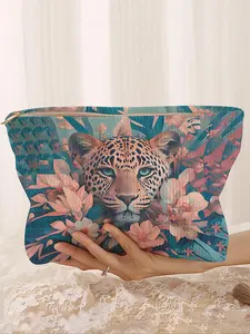 Fashion Leopard Pattern Makeup Bag, Floral & Leopard Pattern Zipper Makeup Bag, Lightweight Multi-functional Fashion Leisure Makeup Bag for Women & Girls, Handheld Cosmetic Pouch, Makeup Storage Bag, Fashionable Versatile Purse, Beauty Bag