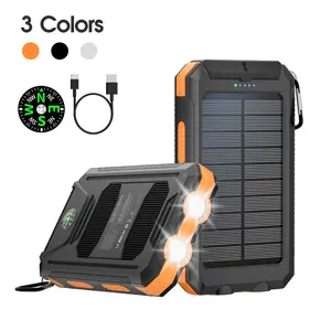 10000mAh Solar Power Bank with 2 USB & USB-C Ports, IP65 Waterproof, Built-in Flashlight & Compass, Carabiner for Outdoor Camping, Hiking, and Travel