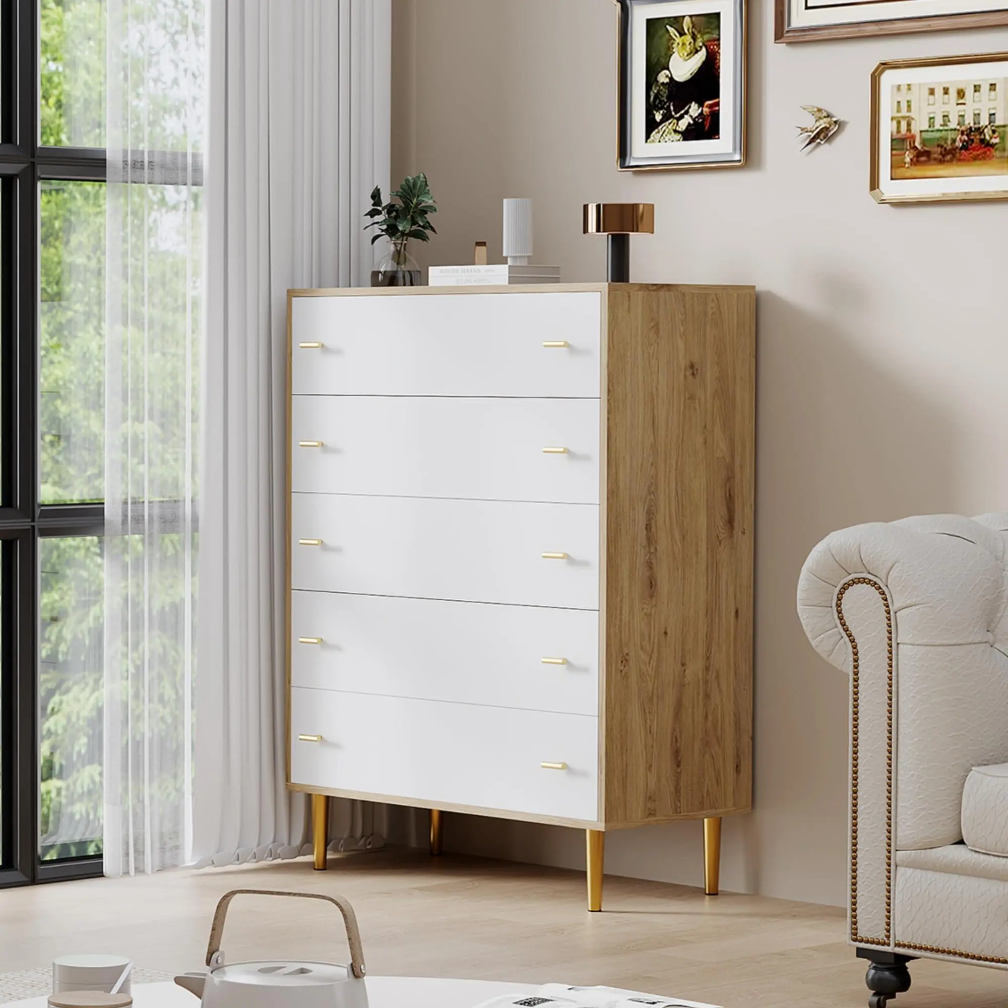 5 Drawers Dresser for Bedroom, 44" Tall Wood Rustic Chest of Drawers with Bar Handles, Vintage Design, Storage Dressers Organizer for Bedroom, Living Room, Hallway, Pine+White