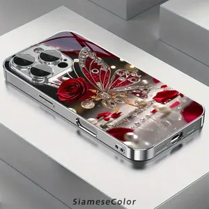 Luxurious Red Rose Jewelry Butterfly Pattern Phone Case for iPhone 16 Pro Max 15 14 Plus 13 12 11 Anti-slip Lightweight Trendy Design Unisex Cellphone Smartphone Protector Cover