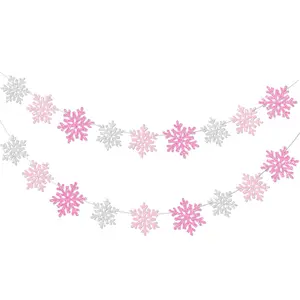 2-Pack Pink & Silver Snowflake Garland Glittery Winter Wonderland Banner for Baby Showers & Parties