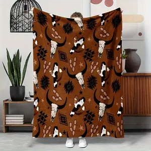 Western Vintage Bull Head Pattern Flannel Blanket Lightweight Soft Gift Blanket for Friends and Family Multi-Purpose Throw Blanket for Sofa Camping Travel