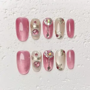 [Rosé] Handmade Press on Nails, Fake Nails with Nail tool kit with Jelly Stickers, Reusable, Durable