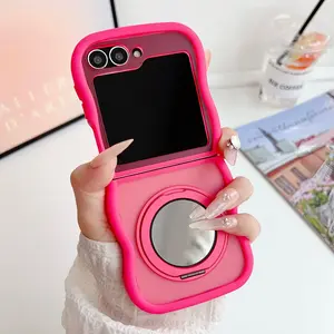 360° Rotatable Phone Case with Mirror, Creative Wave Edge Design Phone Protective Cover, Phone Accessories Compatible with Samsung Galaxy Z Flip 6/5/4/3, Casing