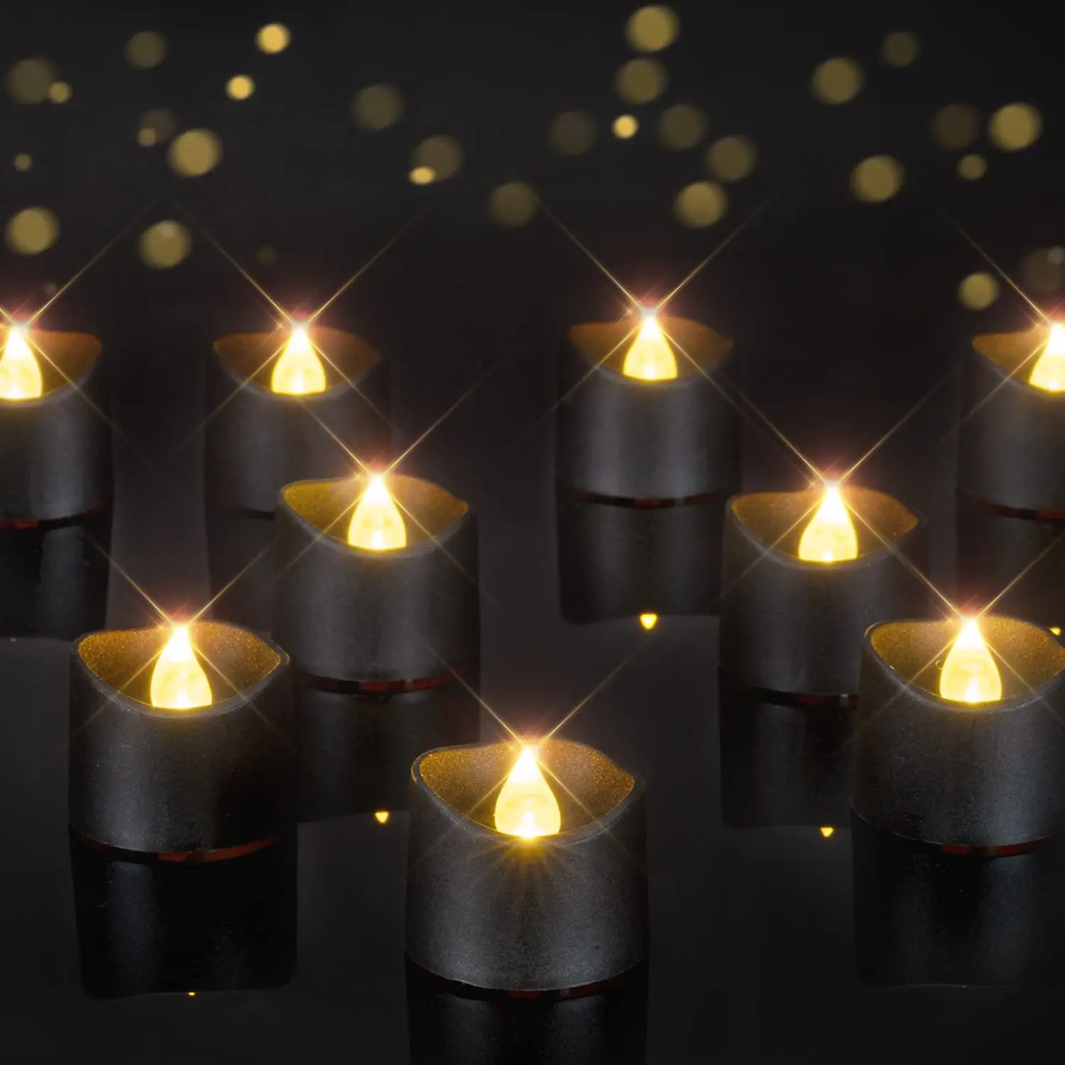 24-Pack Bulk Battery Operated Black LED Flameless Tea Lights Candles - 35% Brighter, 200+Hour Flickering, 1.5-2x Longer Lifespan, Batteries Included, for Halloween Aesthetic, Indoor Festive Decorations