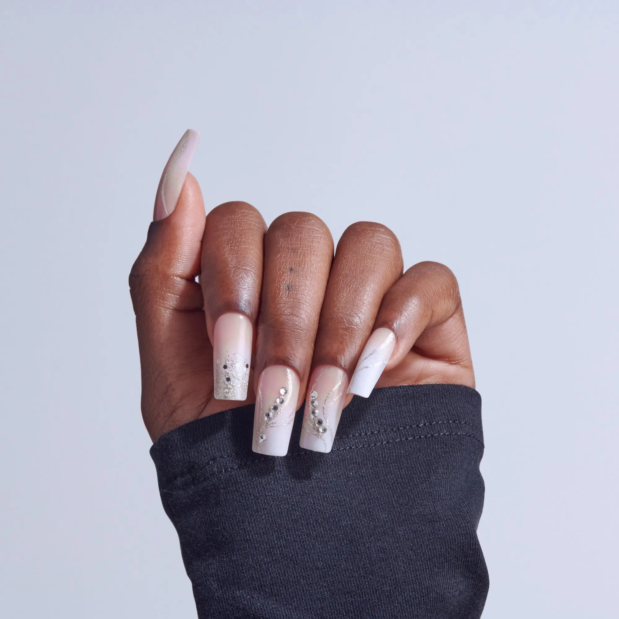 Kiss Glam 3D & Jewel Press On Fake Glue Nails  - Wrapped in Beauty | 3D & Jewel French Design, White, Long, Square
