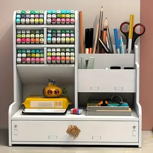 1 white pen holder with drawers and a pencil rack, Stationery storage organizer, a multi-functional desktop storage box with a multi-compartment design, convenient for storing office supplies