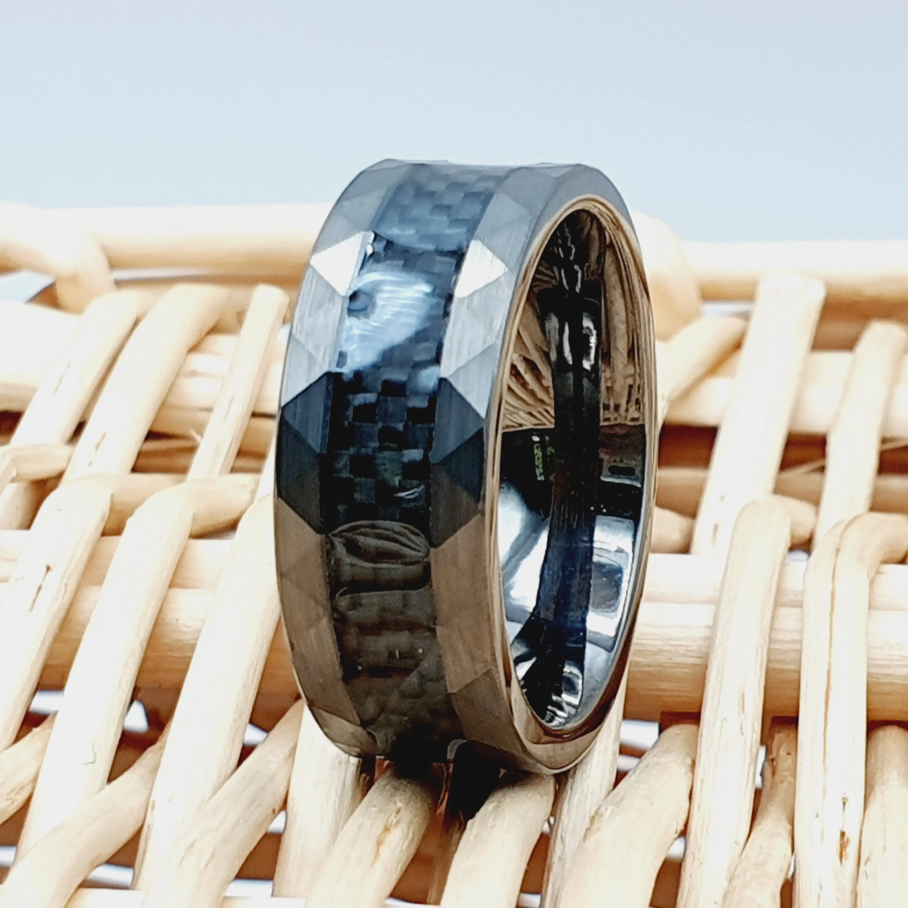 Black Gold Band - Gunmetal Tungsten Ring - Carbon Fiber Wedding Ring - 8mm Wedding Band - Hammered Edges