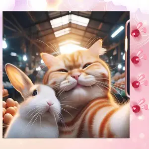 5D DIY Full Drill Round Diamond Painting - Cat and Rabbit Photo Mosaic, Canvas - DIY Decorative Painting, Home Wall Decor, Suitable for Halloween and Christmas, Birthday and Anniversary Gifts