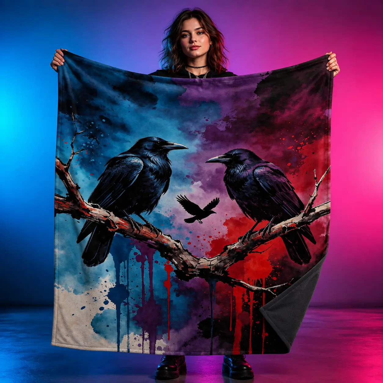 Black Raven Blanket Colorful Crow Art Soft Fleece Throw for Raven Lovers Gift