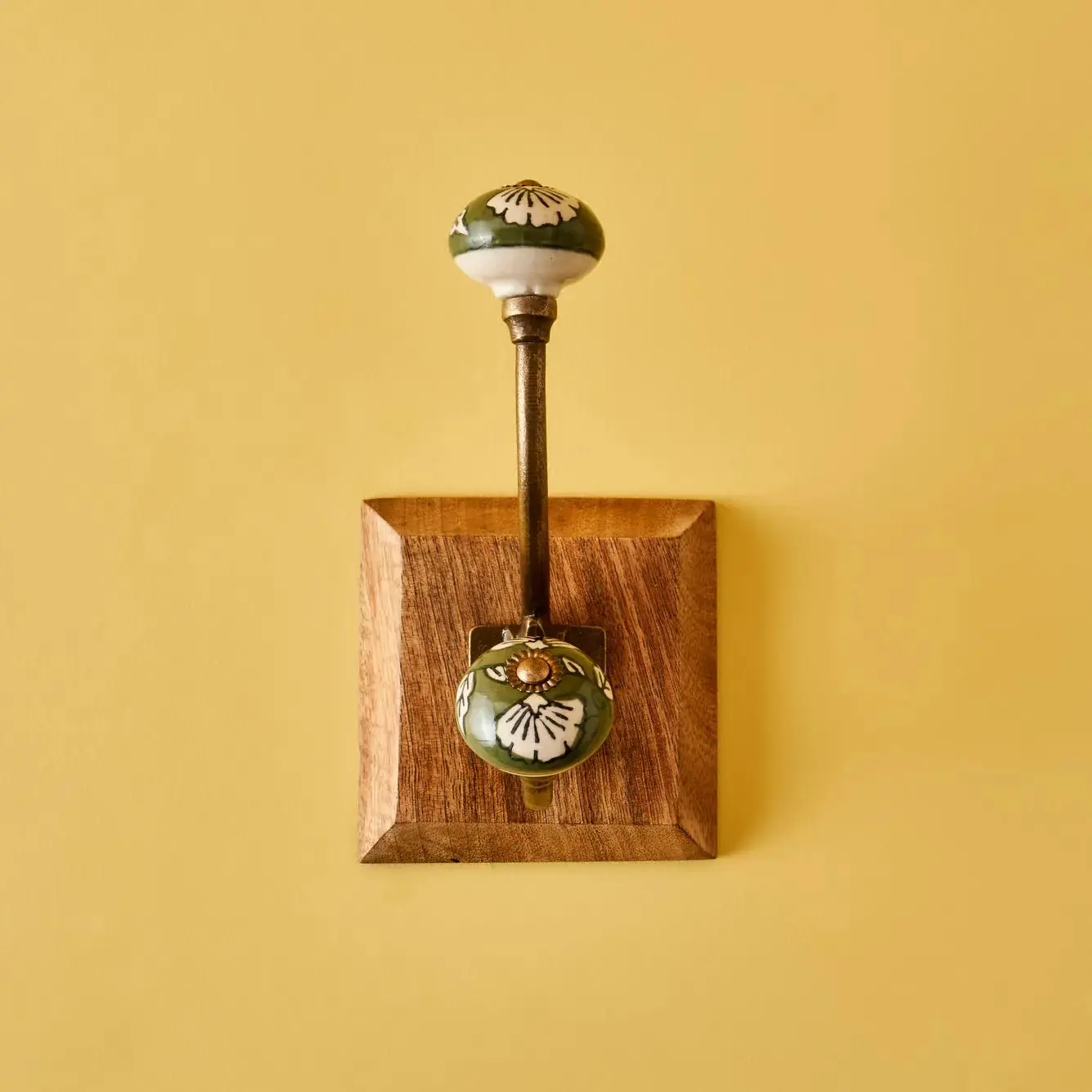 Alice Rustic Natural Wood Mango Hook, Wall-Mount Design, Decorative Ceramic Knob, Hook Length: 6.3"