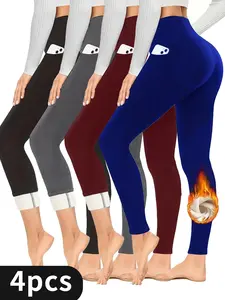 4PCS Elegant Stretchy Thermal Yoga Leggings High Waist Fleece Lined with Pockets Warm Durable Versatile for All Seasons Athletic Running Pants SpringStatements