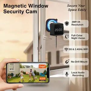 Zoall 3MP/2K Magnetic Window Security Camera, 5G&2.4GHz WiFi, Full-Color Night Vision, Real-Time Clock Display, Local Audio Recording, SD Card Support, No-Drill Mount, Wireless Indoor/Outdoor for Apartments