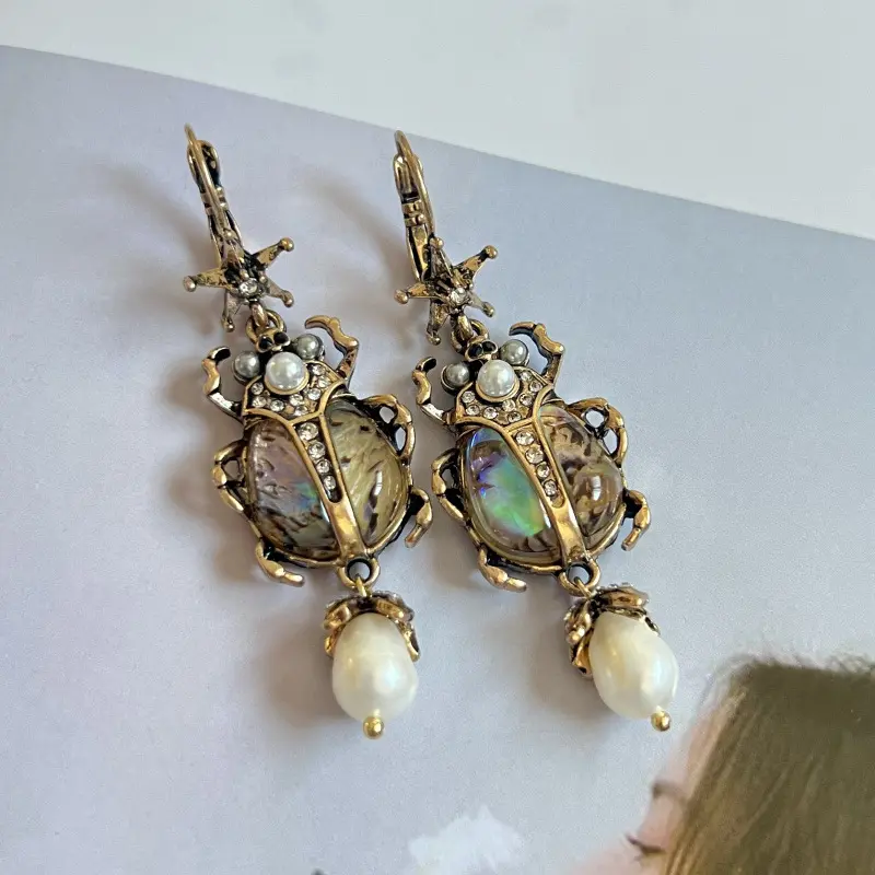 Abalone Shell Earrings for Women, Vintage Statement Insect Drop Style Costume Jewelry with Rhinestone Accents, Dangle Earrings, Vintage Statement Earrings, Metal Coated