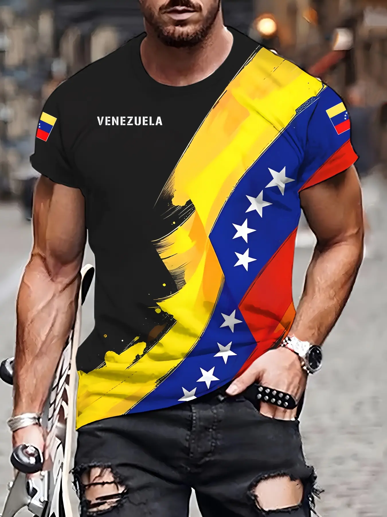 Venezuela Ethnic Cultural Geometric Theme Print Men's Round Neck Short Sleeve T-Shirt, Streetwear, Casual Tropical Summer Top, Daily Wear & Vacation Spot, Sporty Fitted Long H-Type, Menswear, Clothes