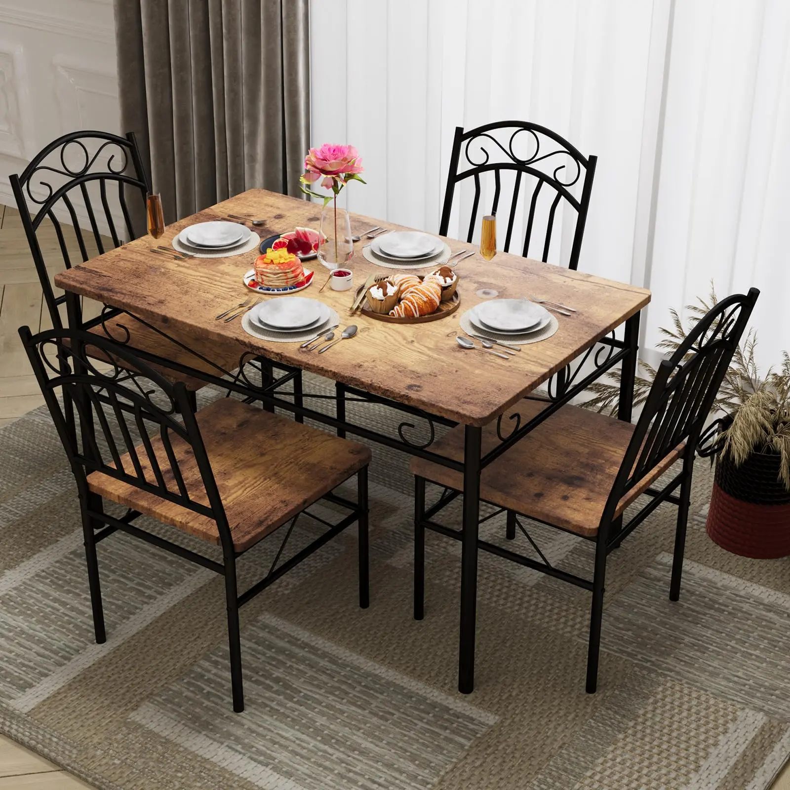 5-Piece Dining Table Set for 4 – Industrial Wood & Metal Table with Folding Chairs, Space-Saving Kitchen Set