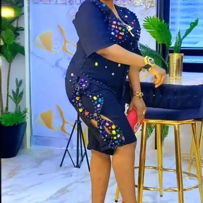 Elegant Navy Blue Sequin Embellished Two-Piece with Short Sleeves Unique Cut-Out Design for Special Occasions