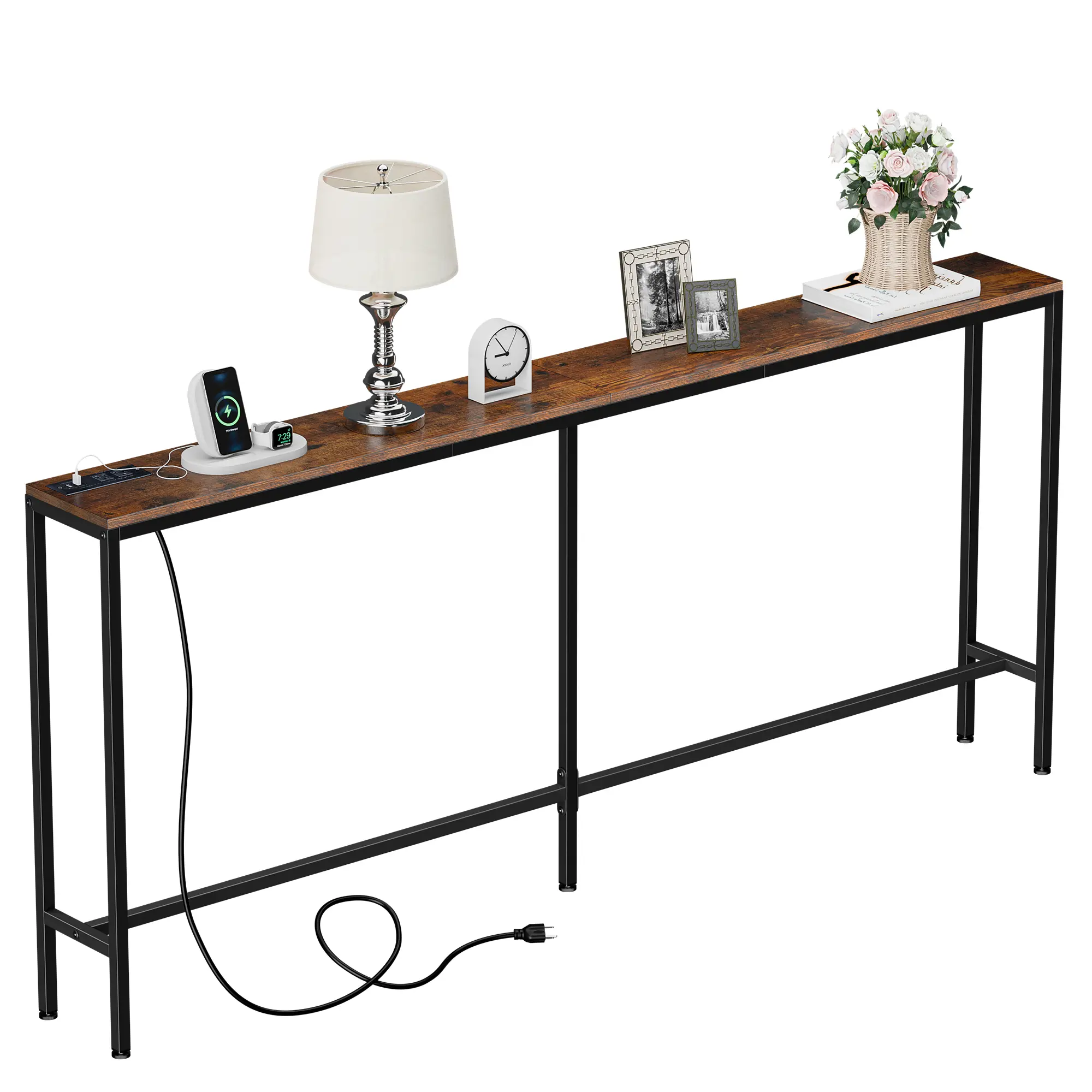 Zenstyle 70-in Narrow Retro Rustic Brown Wood Modern Console Table - Space Saving Living Room Table with Built-in Charging Station, Tip-Over Protection, Assembly Guide for Entryway