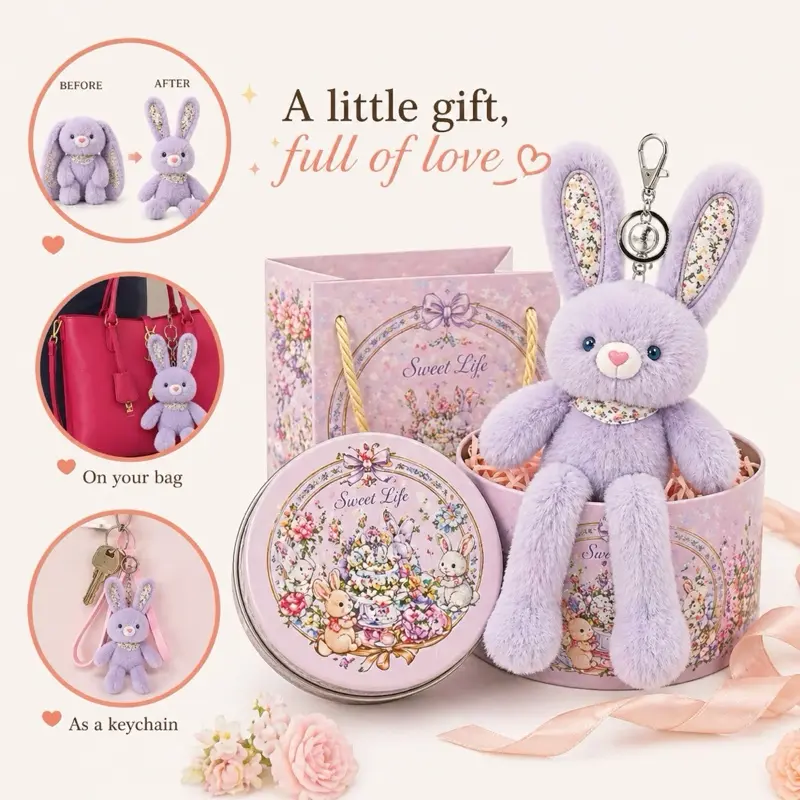 Magic Lulu Pop-Ear Bunny Pull & Move Ears Soft Plush Keychain Retractable Floral Ears Charm for Girls Car Key Accessory Emotional Gift for All Ages