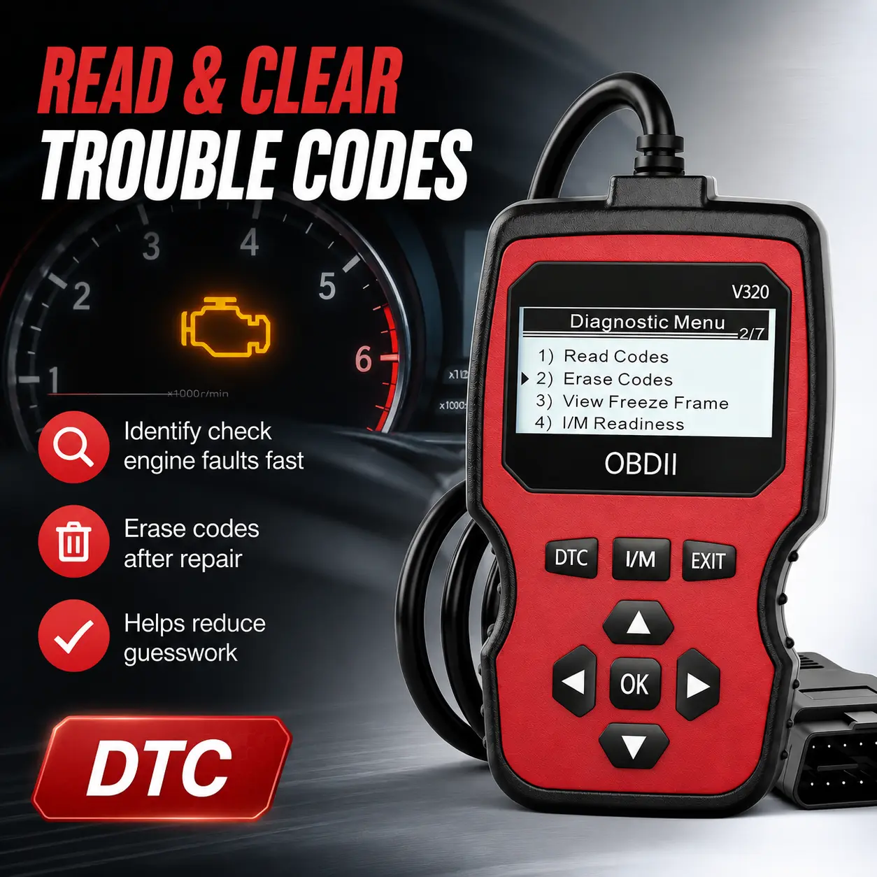 V320 Car OBD2 Scanner Diagnostic Scanner Code Reader Engine Fault Code Read Code Erase Code Battery Test Engine Light Can Diagnose Scan Tool For All OBD II Protocol Cars Since 2003