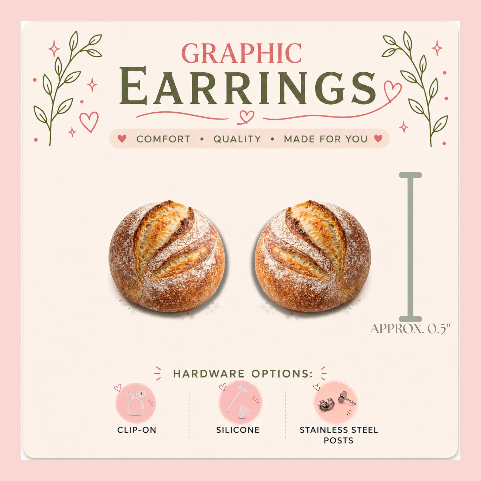 Sourdough Bread Graphic Stud Earrings | Artisan Bread Earrings | Baker Gift | Bread Lover Jewelry | Handmade Food Earrings