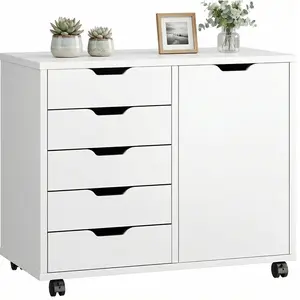 Sweetcrispy 5-Drawer Wooden File Cabinet - Mobile Office Furniture Set, Mobile Computer Desk, Modern Study Table, Portable Desk Stand with Adjustable Shelf, Rolling Wheels for Home Office Use