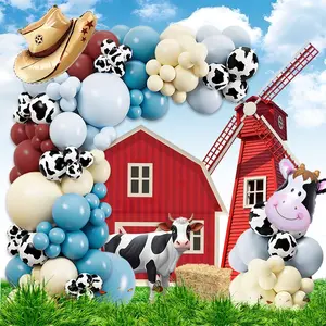 112pcs Farm Cow themed Balloon Arches Set - Wine Red, Blue, Maca Yellow Latex Balloons with Farm Hats, Milk Cow Head Foil Balloons Perfect for Children's Farm themed Parties, Baby Bathing, Birthday, Vibrant Farm Party Decoration