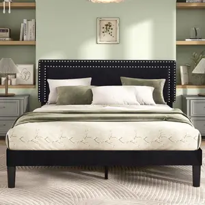 VECELO Queen Size Upholstered Bed/Black/Pink/Grey/Beige Bed Frame/Upholstered Platform Bed/Solid Wood Slats/No Box Spring Required