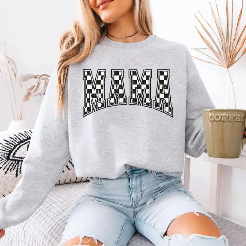 Women's Casual Cotton Checkered Mom Tops - Retro Crewneck Sweatshirt & Tshirt, New Mom Gift, Pregnancy Announcement, Mothers Day Gift - TrendWear USA