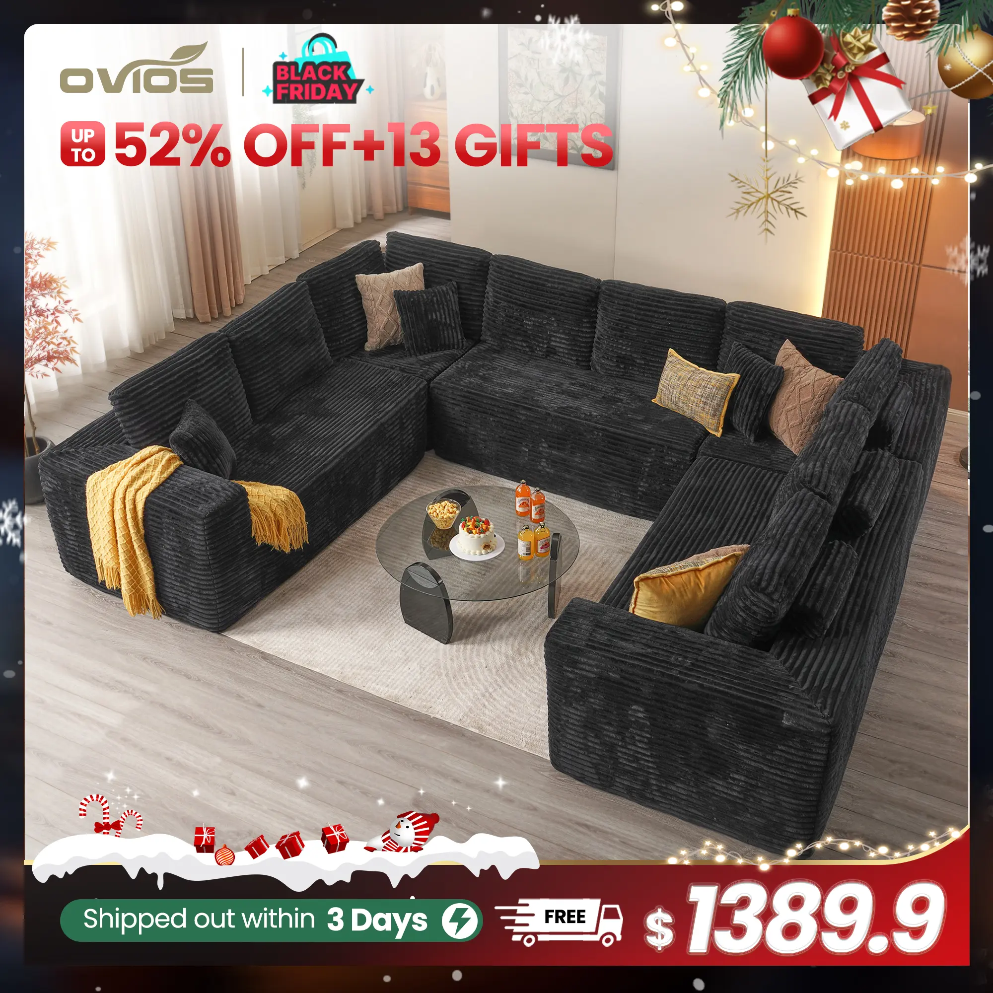 【4 Packages Shipping】Ovios 135" Sectional Cloud Couch for Living Room, Modular Floor Sofa with Plush Corduroy, No Assembly Required, Big Comfy Couches Set with Fluffy Memory Foam, Stupendous U Shaped Sofas with Chaise Furniture Lounge