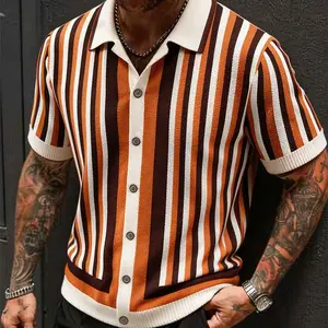Retro Color Block Vertical Stripe Polo Collar Knit Sweater Men's Summer Lightweight Casual Short Sleeve Shirt Trendy