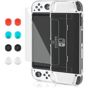 Transparent Case for Nintendo Switch OLED Model 2021, Protective Case Cover Compatible with Switch OLED, Clear Crystal Flip Shell with 1 Screen Protector 8 Thumb Grip Caps