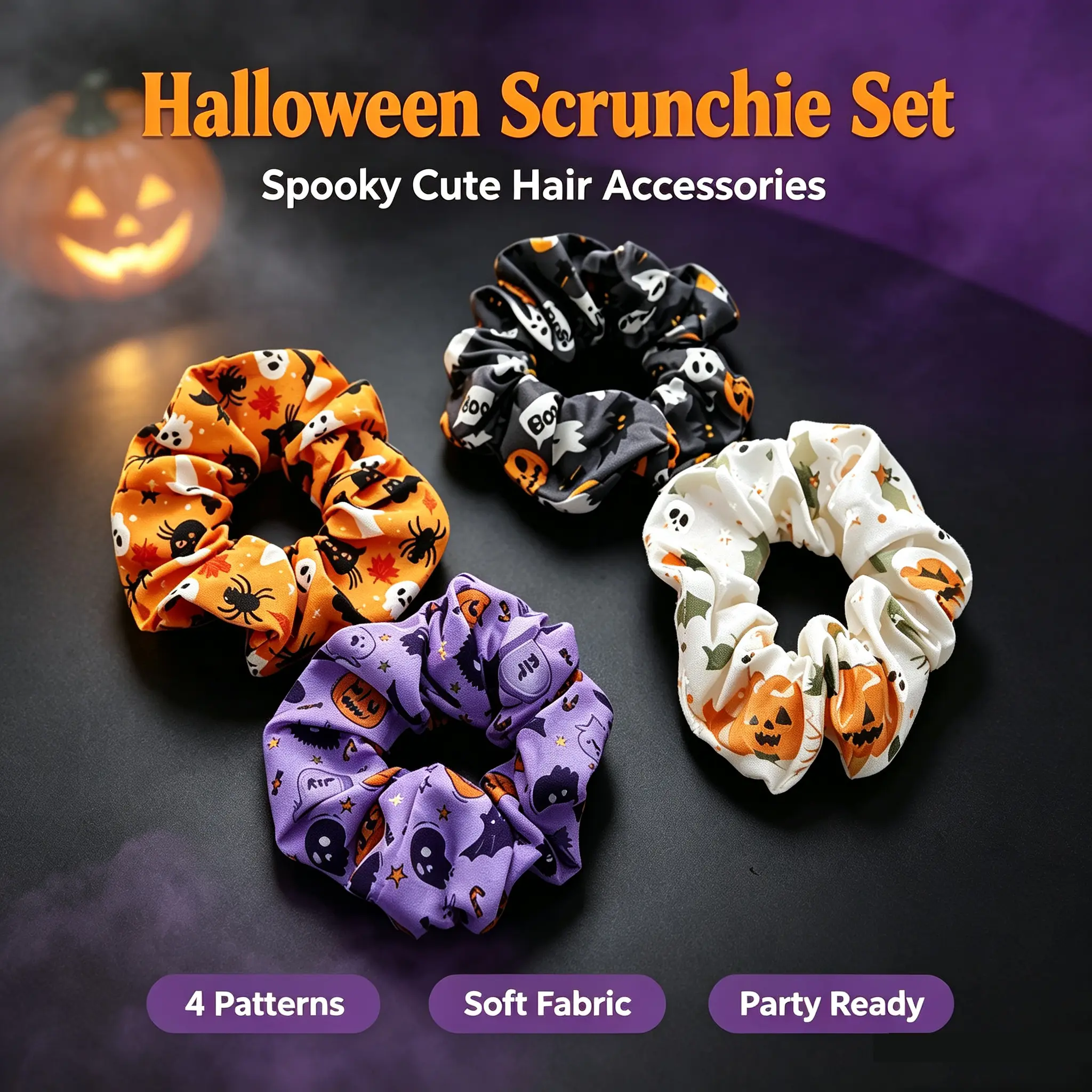 4Pcs Halloween Themed Hair Scrunchies for Women & Girls, Elastic Goth Hair Ties, Trendy Party Hair Accessories, Ideal for Halloween Party Favors, Trick or Treat Bag Fillers & Holiday Gifts