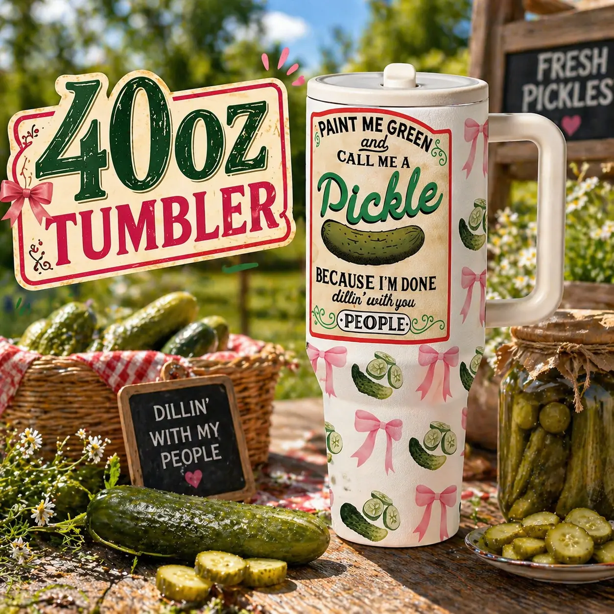 1 Pc 40oz Funny Pickle Quote Thermal Mug, Insulated Drinkware, Stainless Double Wall Insulated, Keeps Hot 12h Cold 24h, Leak Proof Lid, Large Capacity Vacuum Cup with Handle, Bow Cucumber Design Gift for Women Men, Christmas, Birthday, Tumbler