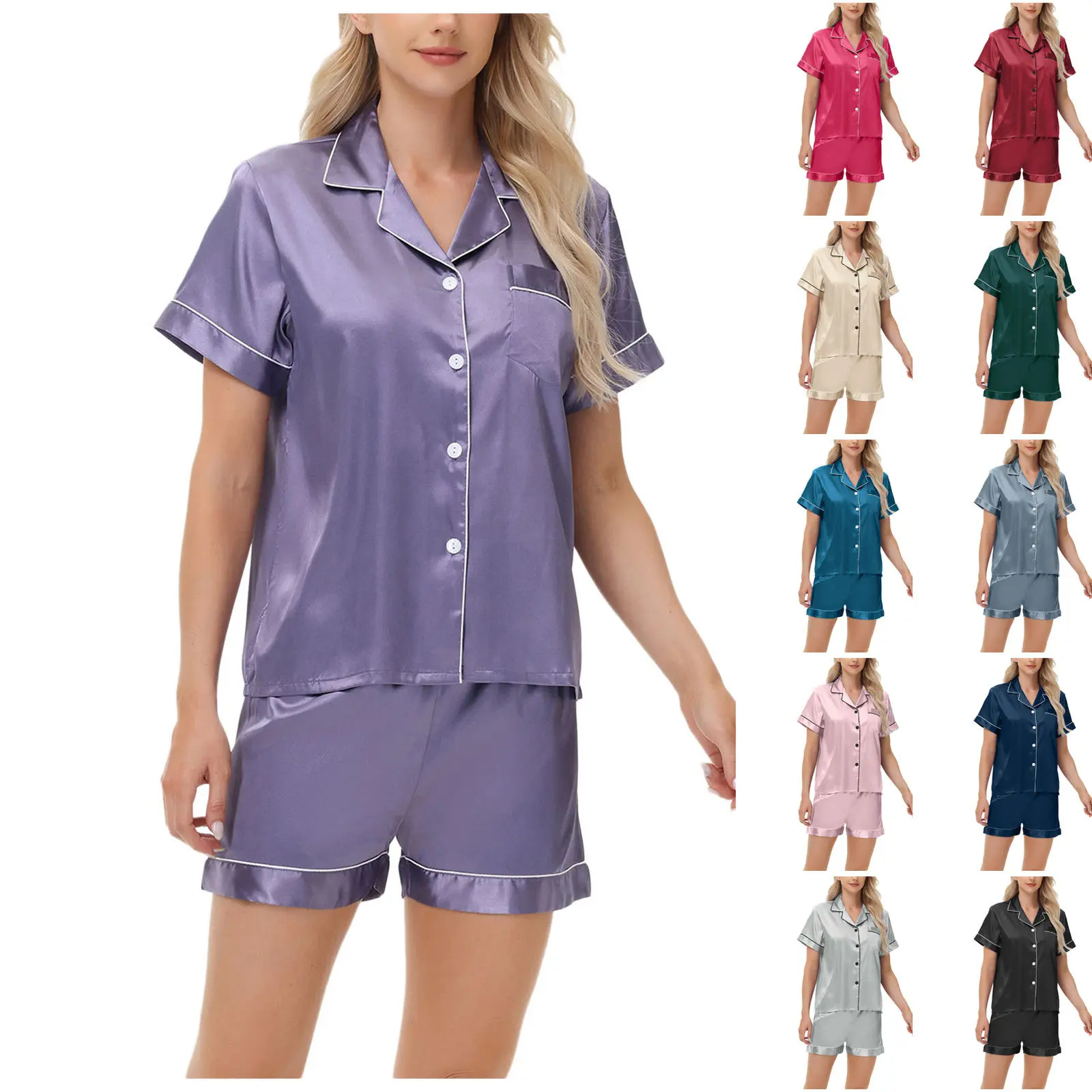 Women's 2-Piece Stretchy Elastic Satin Pajama Set, Soft Casual Button-Down Short-Sleeve Sleepwear with Shorts, Fits Loungewear Needs
