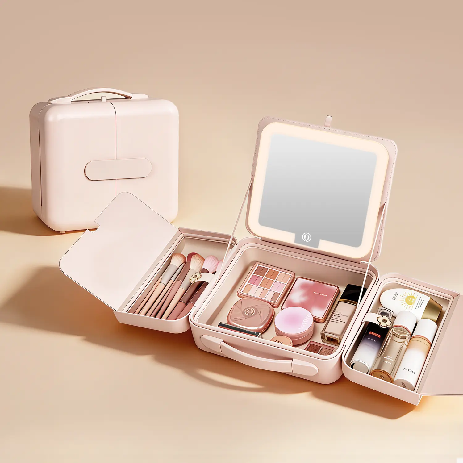 Chic Polyurethane All-in-1 Makeup Bag with Built-in Magnetic LED Mirror, Buckle Closure, 3 Lighting Modes, Rechargeable 10-Hour Battery Life, Adjustable Brightness, Large Capacity Portable Vanity for Travel, Women's Organization Gift
