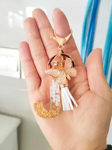 1pc Chic Alphabet & Butterfly Resin Keychain with Tassel - Golden-Tone, Glittery Letter A Design, Friendship & Love Themed, Rectangular Shape for Autumn/Winter Fashion Accessory