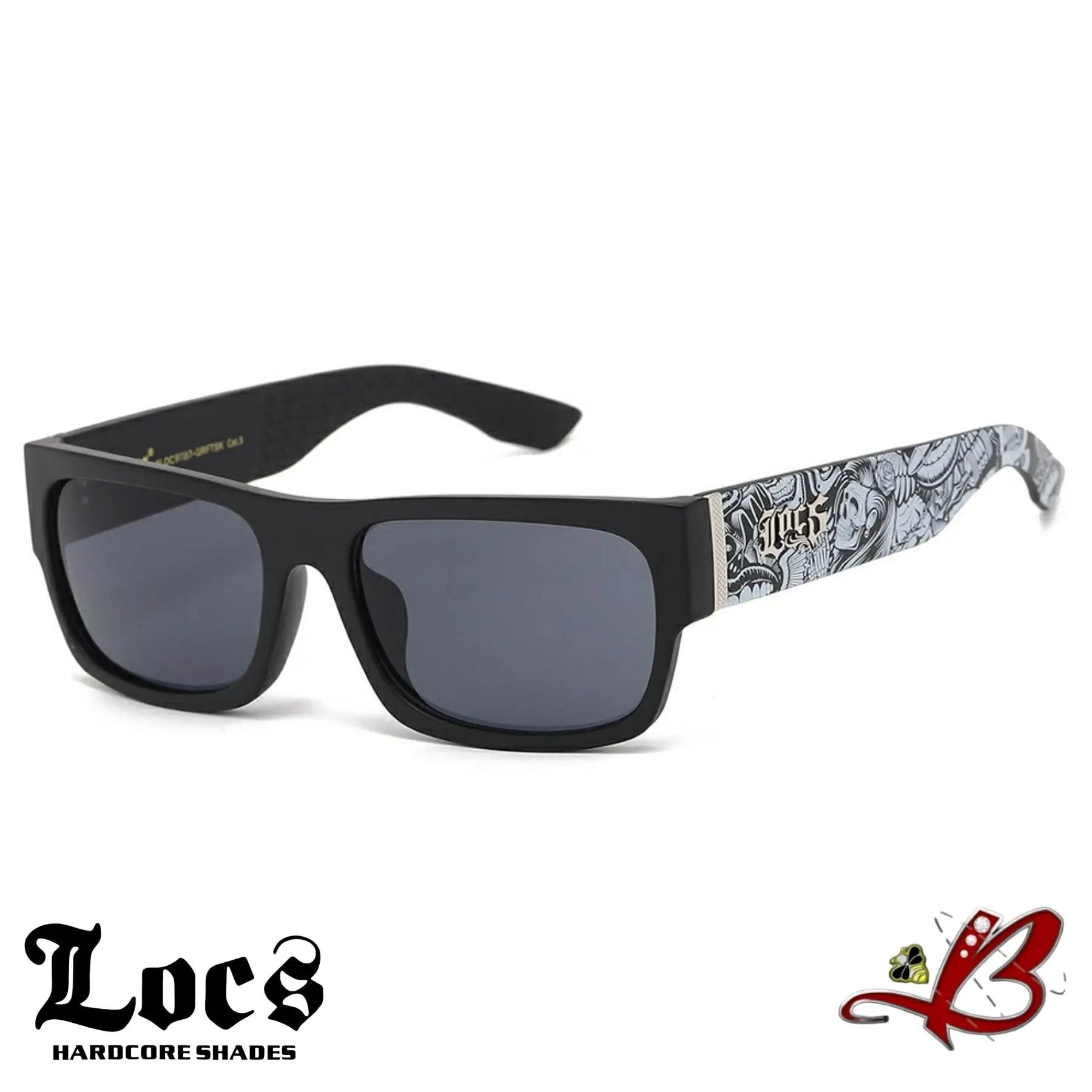 Locs Graffiti Skull Arm Cholo OG Gangster Shades Black Sunglasses Unisex Full Rim with Graffiti Skull Design and Black Lenses tiktok shop